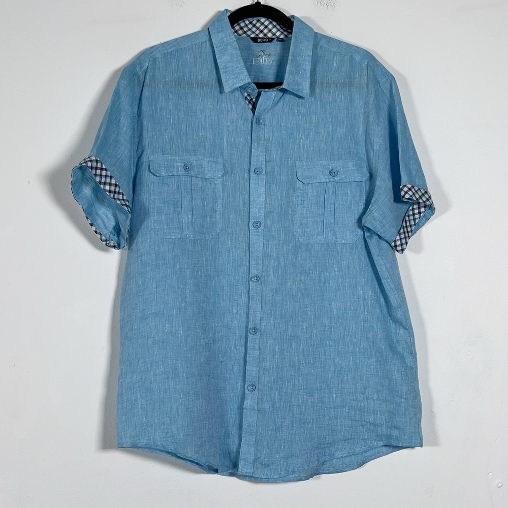 Bohio 100% Linen Short Sleeve Shirt Mens Sz L Aqua Blue Button Up